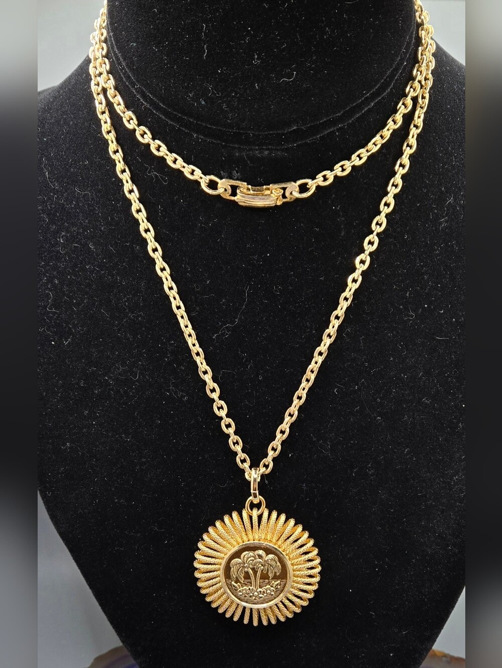 West Germany Necklace Gold Tone Palm Tree Pendant Eloxal Chain 28" Long